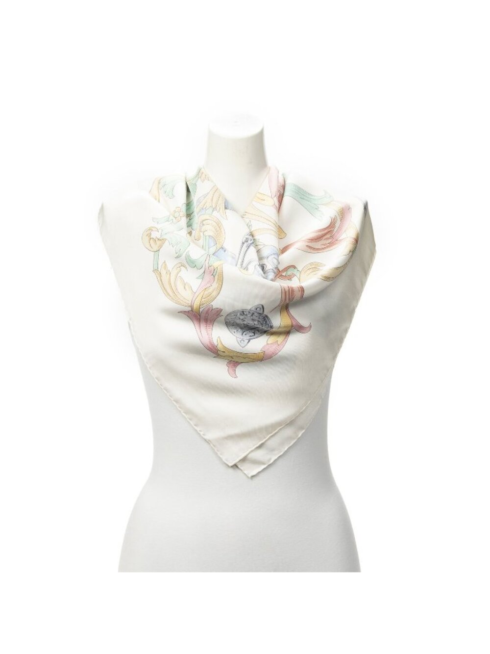 Hermes Scarf Ivory Green Pink Twill Silk